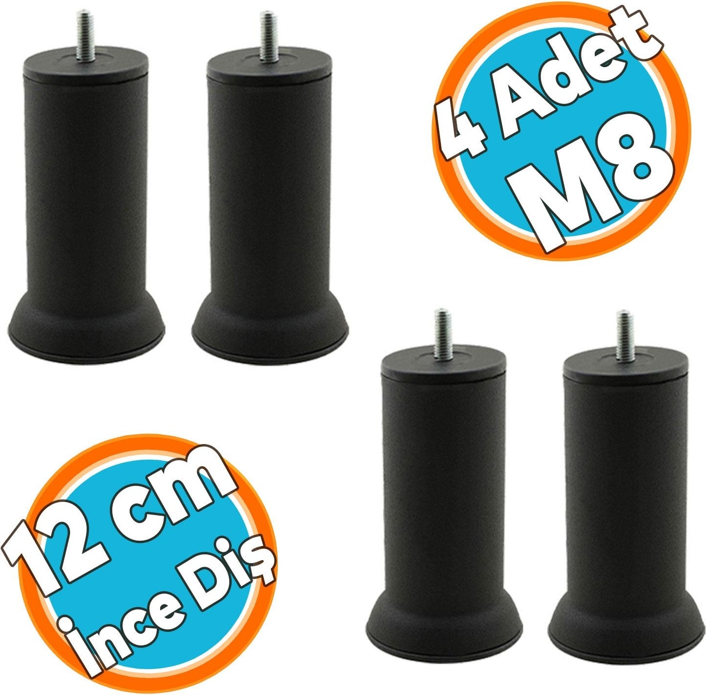 Mobilya Yüksletici Baza Metal Kanepe Koltuk Destek Ayağı M8 Civatalı Ince Diş Siyah Metal Ayak 12 cm (4 Adet)