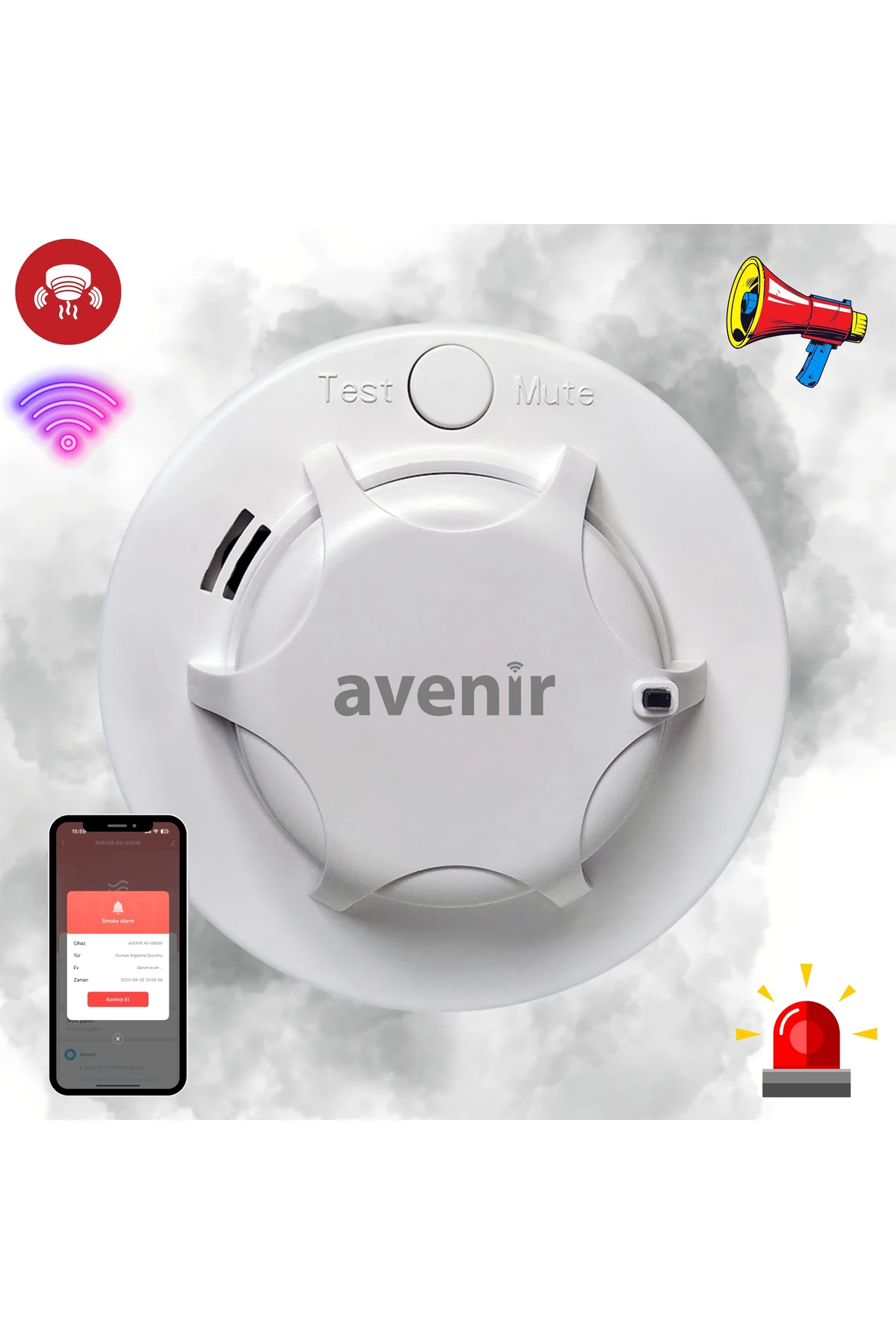 AV-06DW Wifi Kablosuz Akıllı Duman Dedektörü Yangın Alarmı 90db Sesli Pilli
