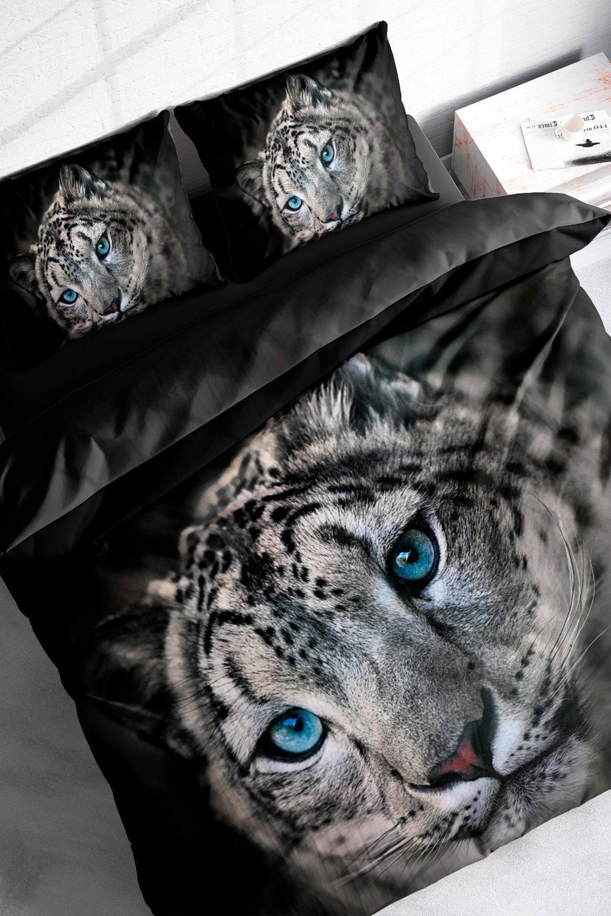 Leopar Lastikli Çarşaflı %100 Pamuk Saten Çift Kişilik Nevresim Takımı Blue Leopard