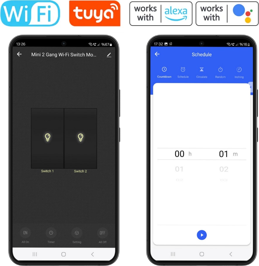 Tuya Uyumlu Ikili Wifi Akıllı Anahtar ( 2X10A / 220V Röle) Çift Çıkışlı, Anahtar Girişli, Google Asistan , Alexa Destekli