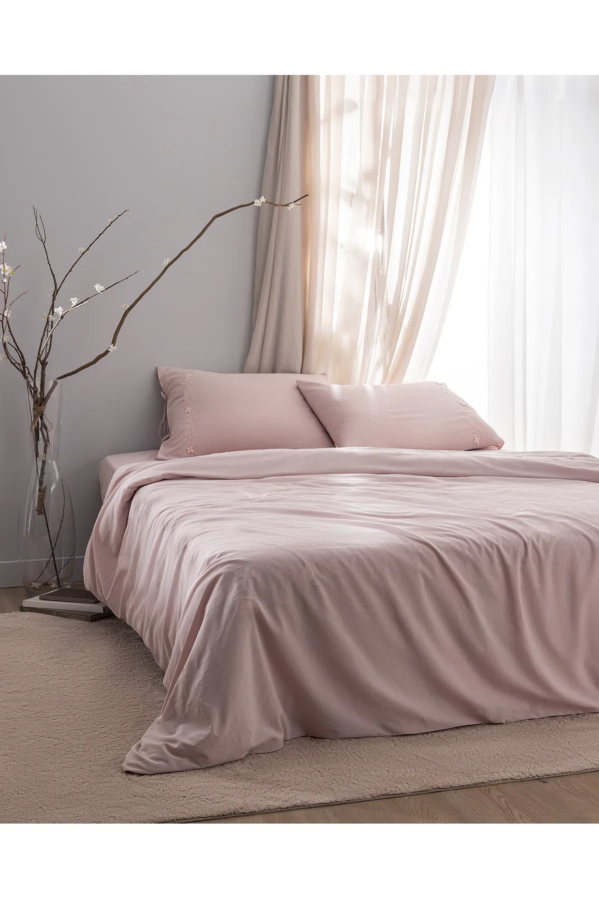 King Size %100 Pamuk Nakışlı Nevresim Takımı - Pudra