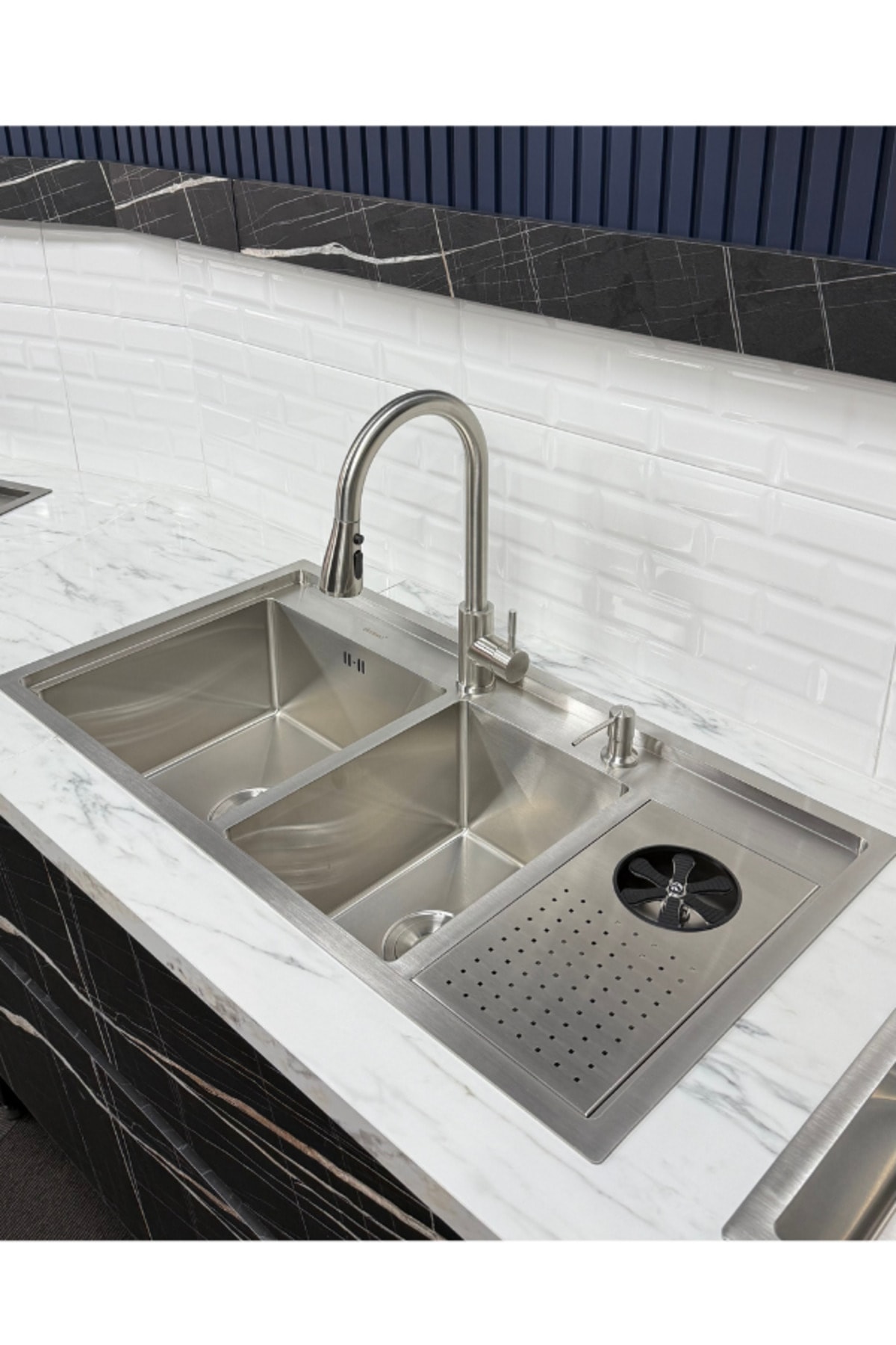 Moderno Double Paslanmaz Çelik Bardak Yıkamalı 2 Göz Akıllı Mutfak Evyesi INOKS Renk 96x50cm