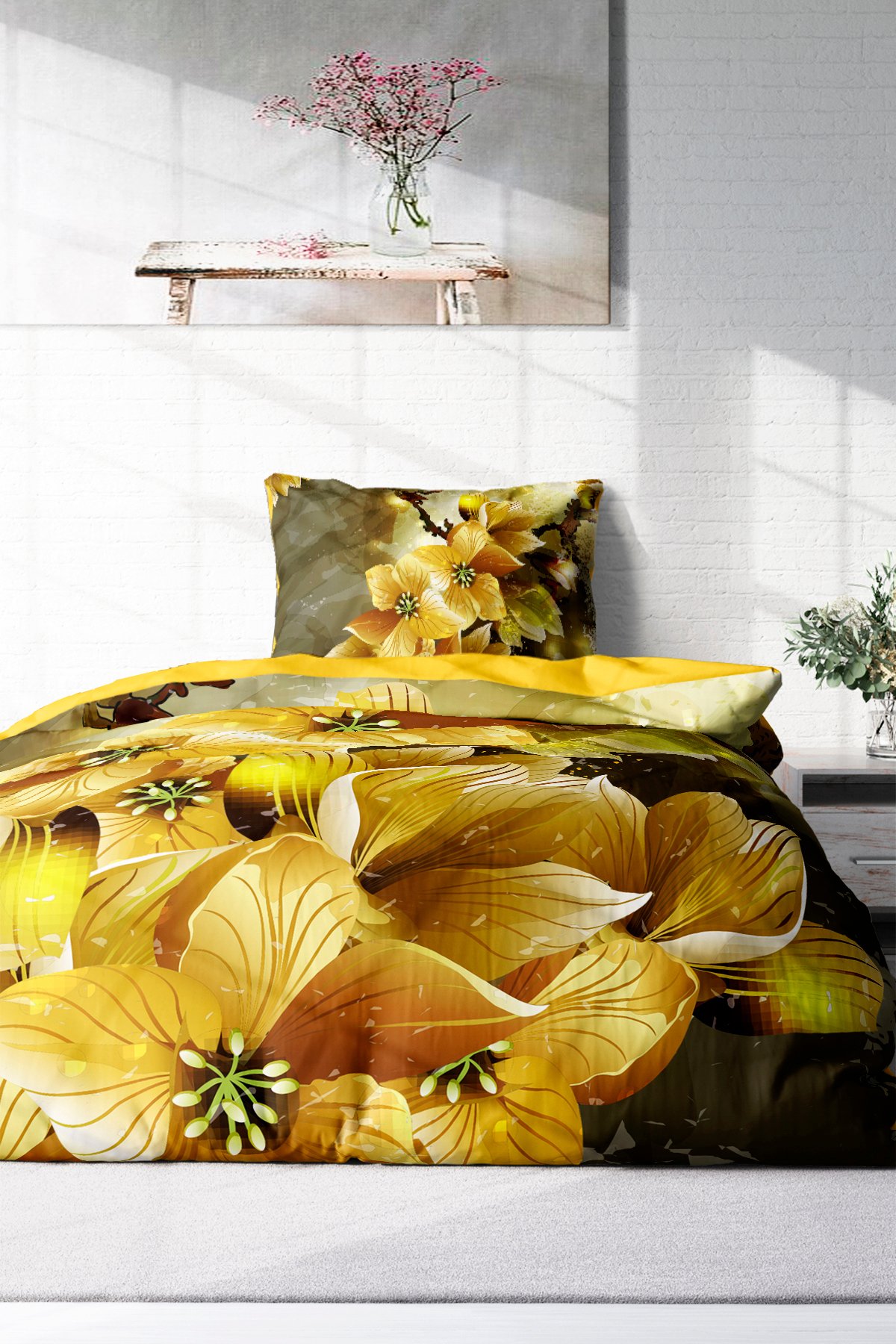 %100 Pamuk Saten Tek Kişilik Nevresim Takımı Yellow Flower