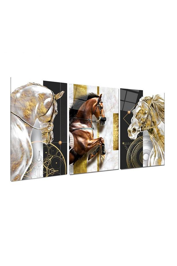 3 LÜ GOLD DETAY ATLAR HARİKA UYUM KIRILMAZ CAM TABLO ULTRA CANLI RENKLİ MODERN EV HEDİYESİ