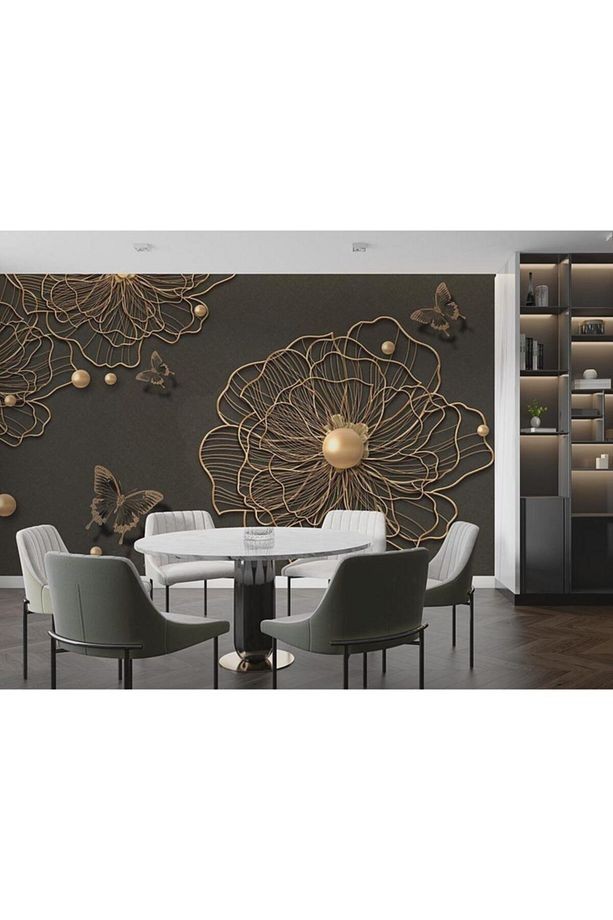 3d Boyutlu Gold Çiçek Ve Kelebekler Duvar Kağıdı