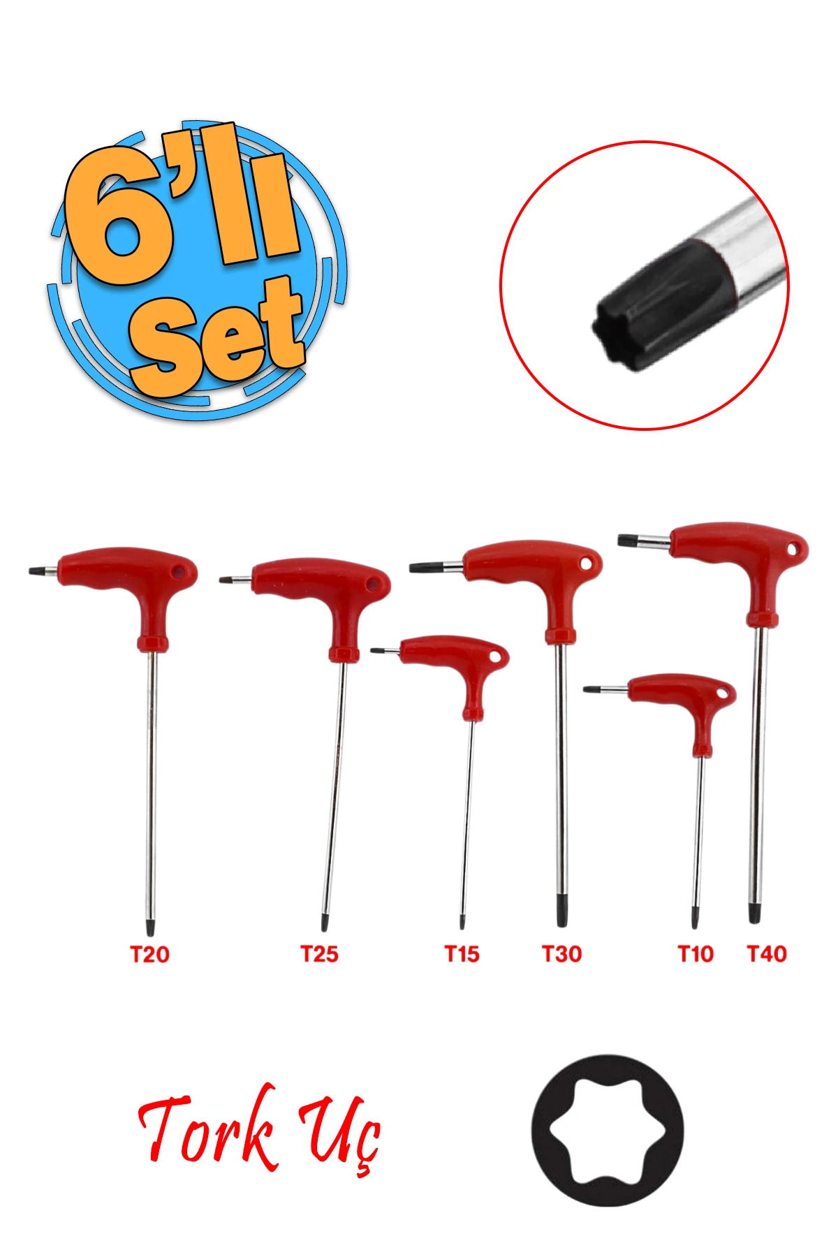 Tork Alyan Tornavida Seti Çelik ve Mıknatıslı T10 T15 T20 T25 T30 T40 Saplı İki Yön Uç 6 'lı Set