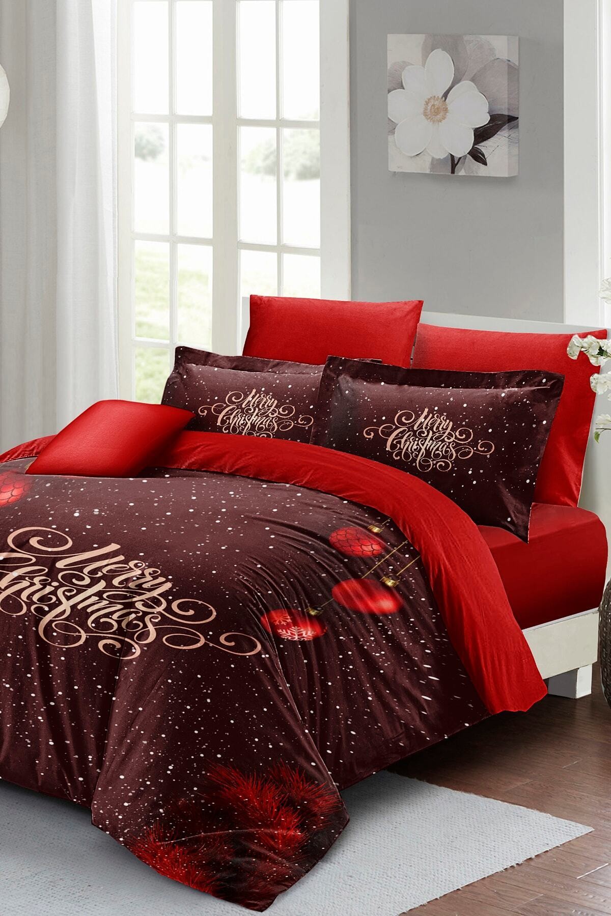 Kıng Sıze Yılbaşı Süsü Red Ball Noel %100 Pamuk Saten 3d Çift Kişilik Nevresim Takımı 220x240cm