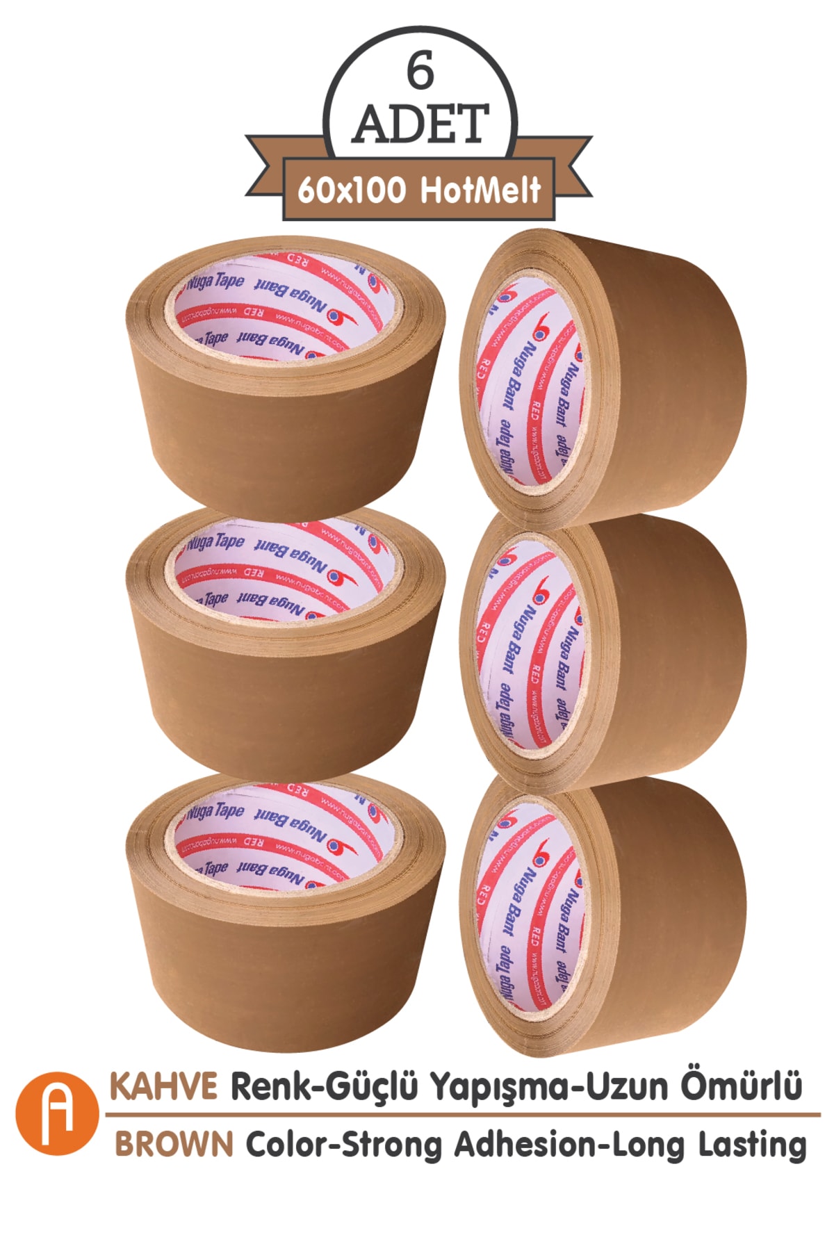 NUGA 60x100 Kahverengi (Taba) - (6 ADET) | HotMelt Güçlü Yapışkanlı Koli Bandı