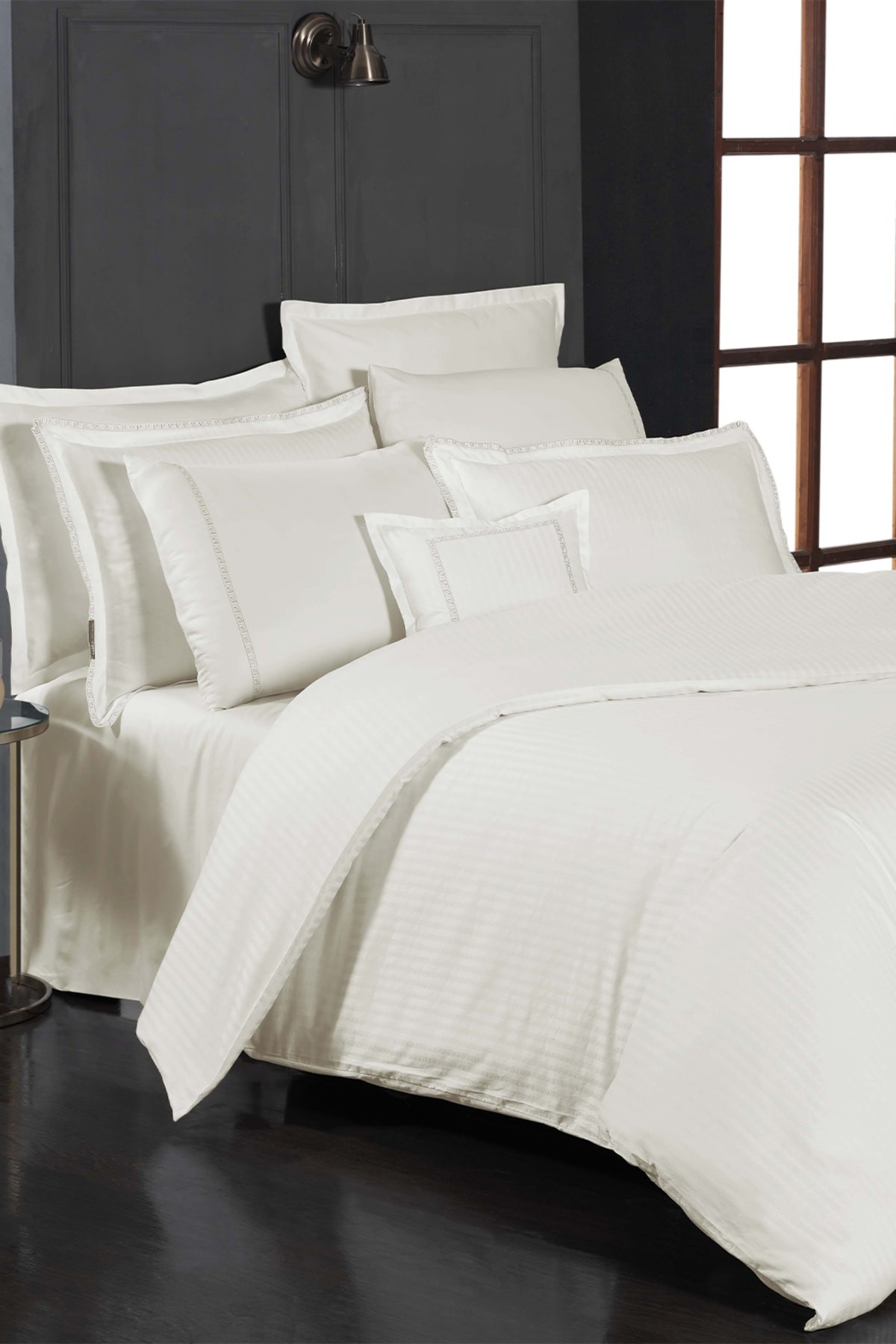 Jacquard Stripe Ekru Çift Kişilik 260 Tc %100 Pamuk Saten Nevresim Takımı