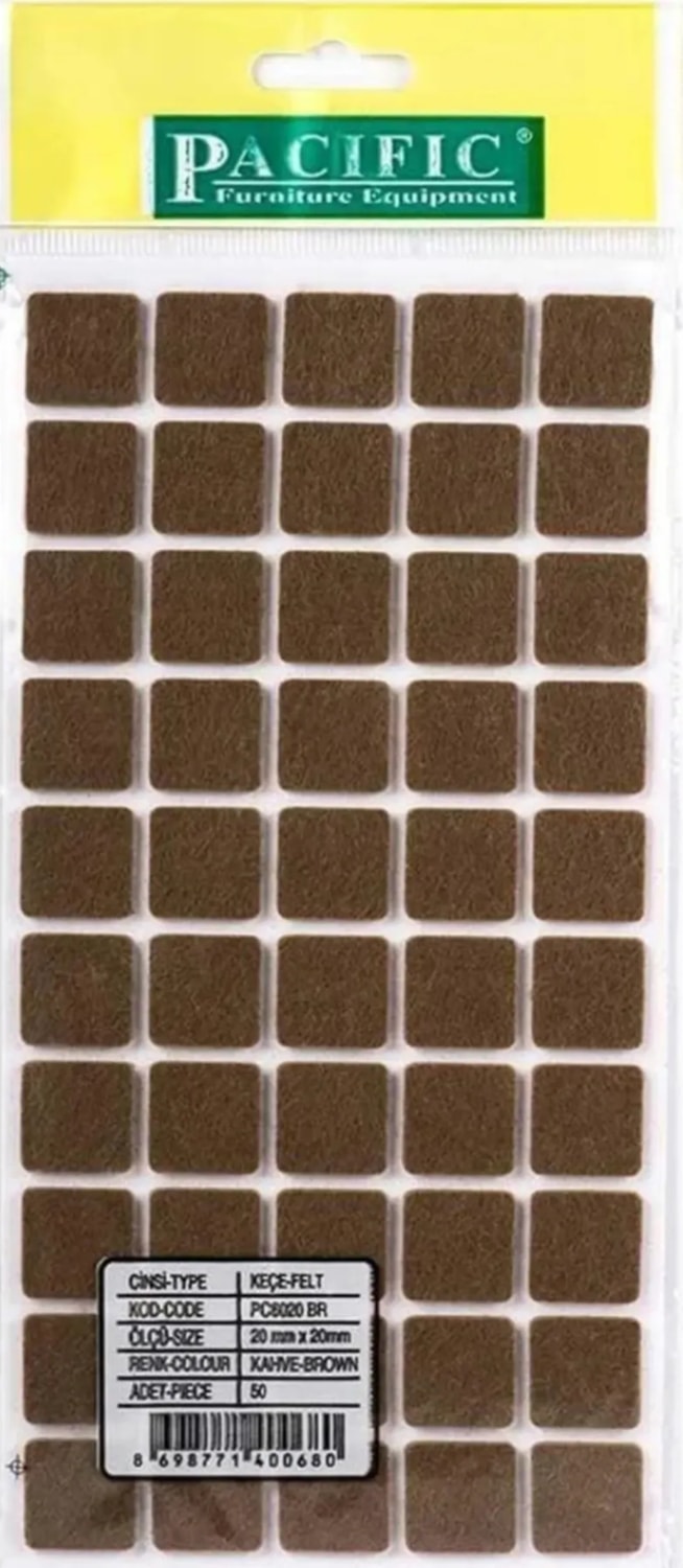 20×20 mm Yapışkanlı Kare Keçe Mobilya Ayağı Koruyucu – 50'li Paket (Masa, Sandalye, Koltuk, Sehpa, Zemin Koruyucu ve Gürültü Önleyici Kare Keçe)
