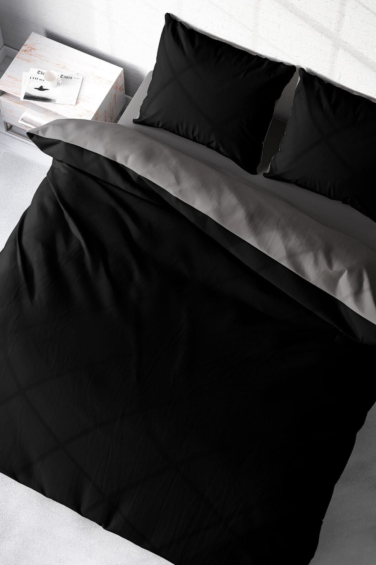 Kıng Sıze Deluxe Çift Taraflı Pamuk Ranforce Çift Kişilik Nevresim Takımı Siyah Gri 220x240cm