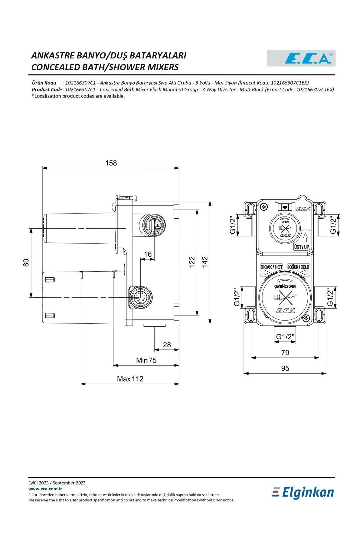Tiera Ankastre Duş Seti Mat Siyah - 3 yollu / 7 parça set - ECA.ANKSET.BD313.C1