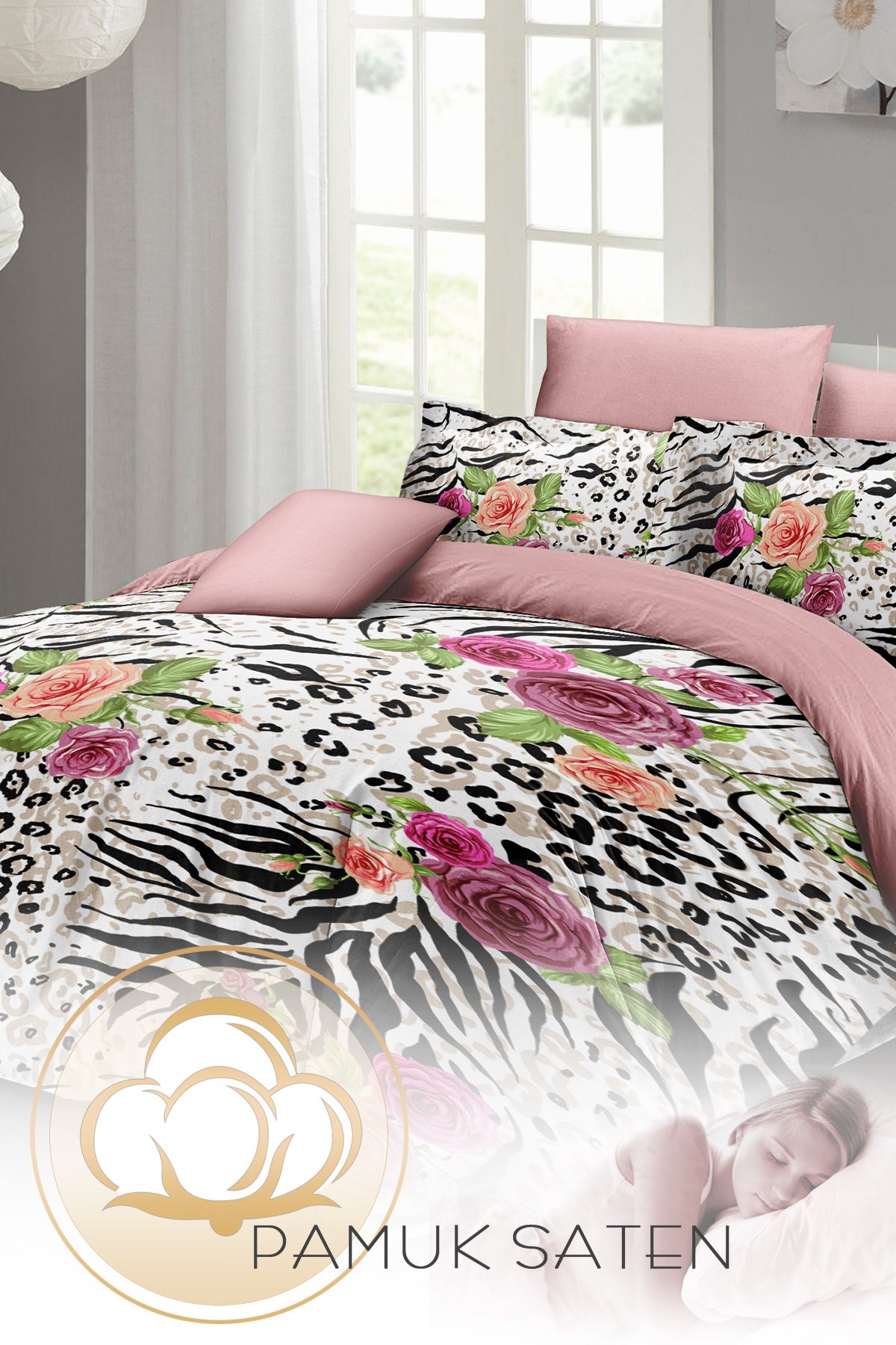 Kıng Sıze %100 Pamuk Saten Çift Kişilik Nevresim Takımı Zebra Flowers 220x240cm