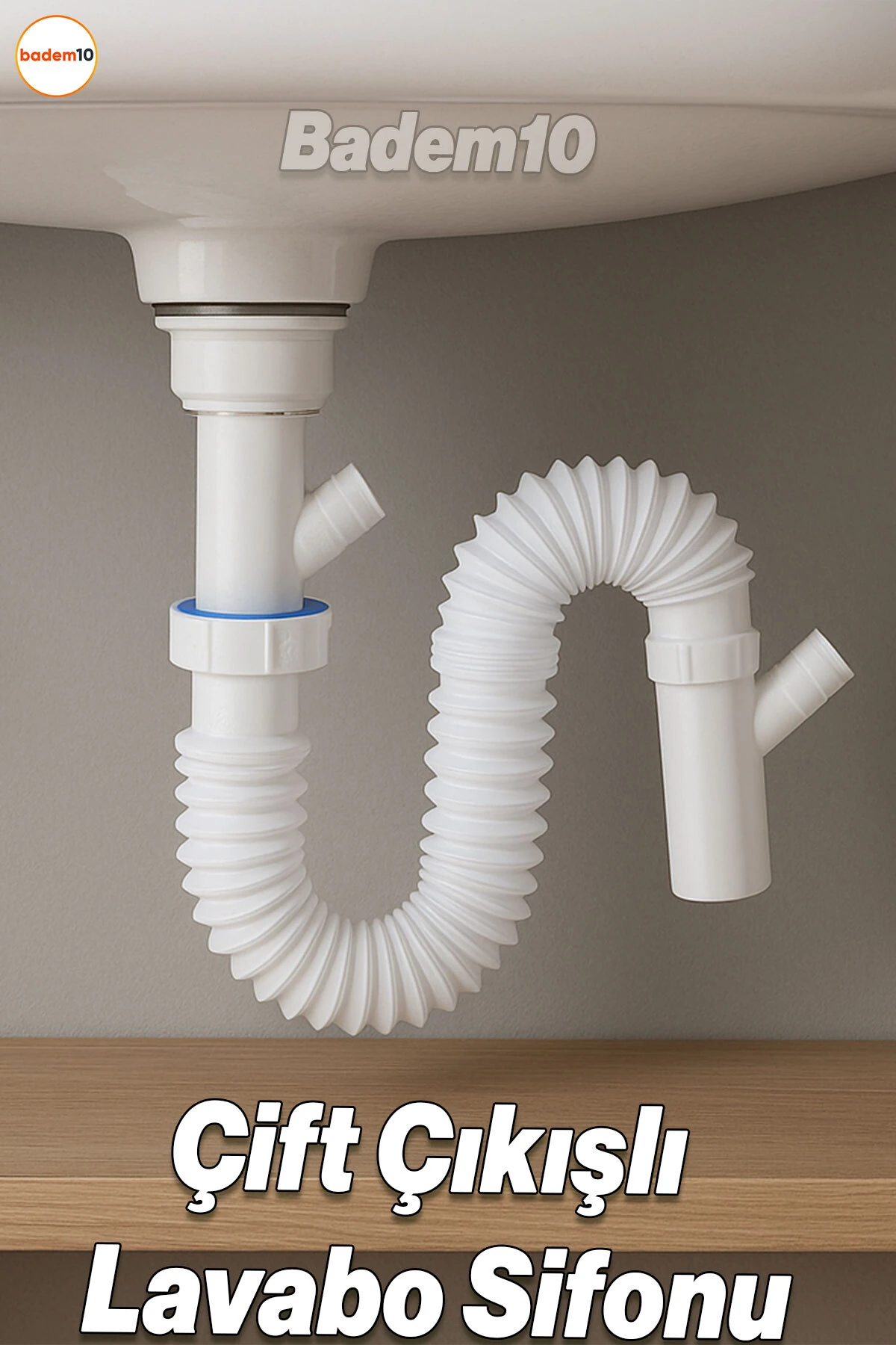 Lavabo Sifonu Çift Çıkışlı Körüklü Hortum Çamaşır ve Bulaşık Makinesi Uyumlu Süzgeç Koku Yapmaz