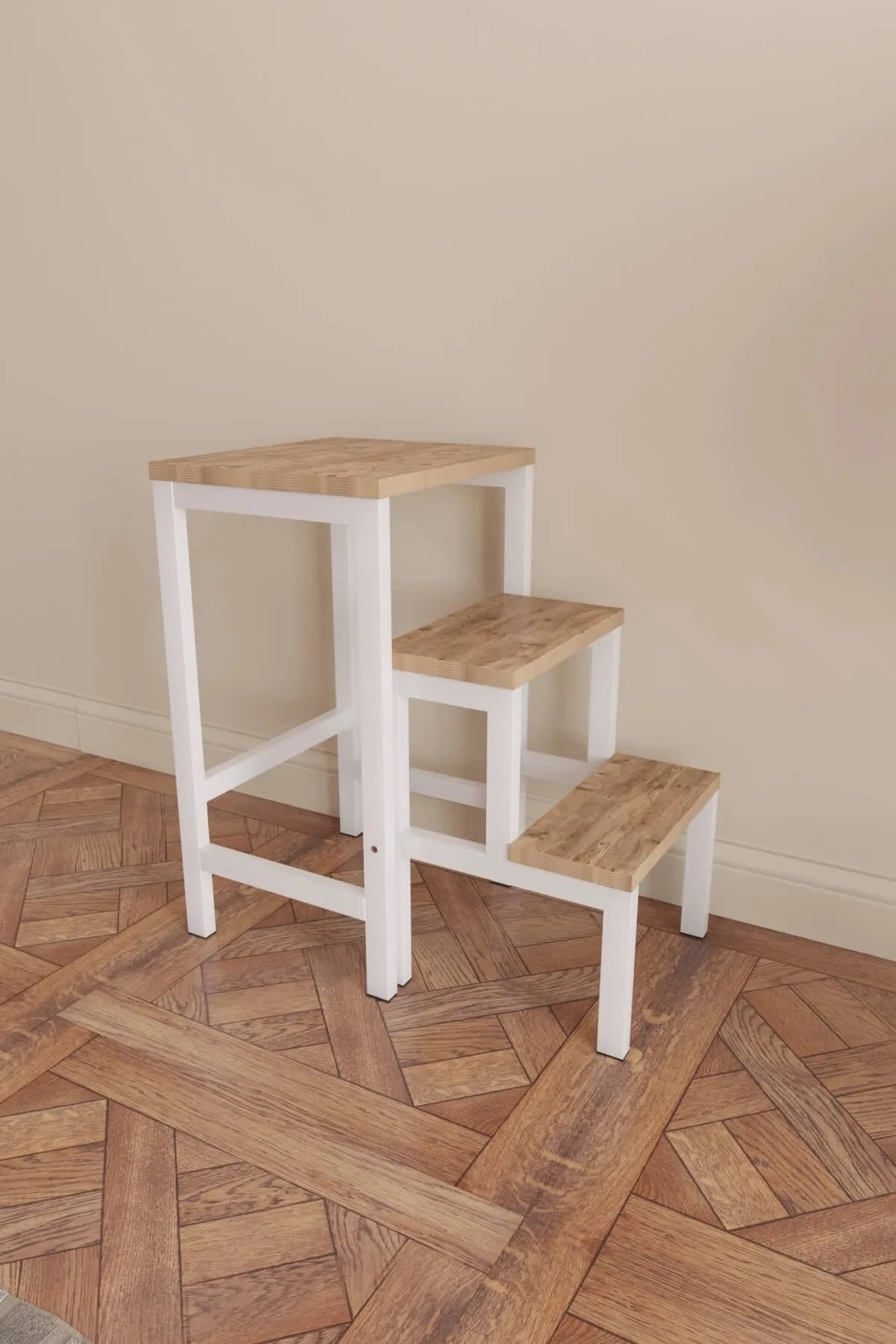 Katlanabillir Metal Ahşap Basamaklı Tabure Merdiven Çiçeklik Çok Amaçlı Tabure Beyaz