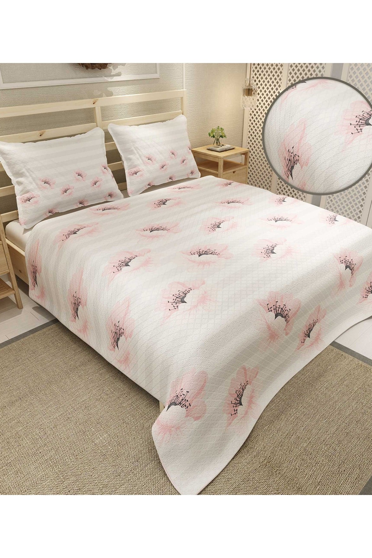Pike Takımı Pamuklu Çift Kişilik Jakar Dokuma Yatak Örtüsü Pink Poppy