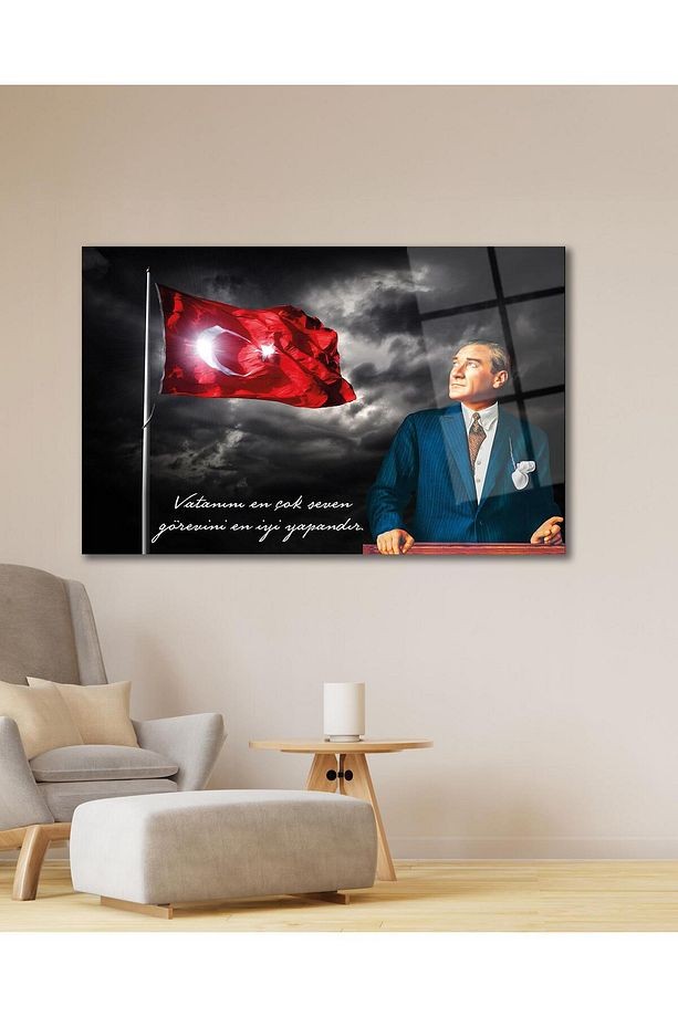 Türk Bayrağı ve Atatürk Cam Tablo Vatanını En Çok Seven Modern Ev Ofis Salon Kurum Hediyelik Tablo