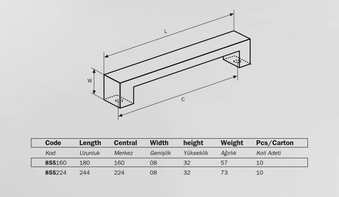 855 Modern Profil Mobilya Kulbu Inox 224 mm