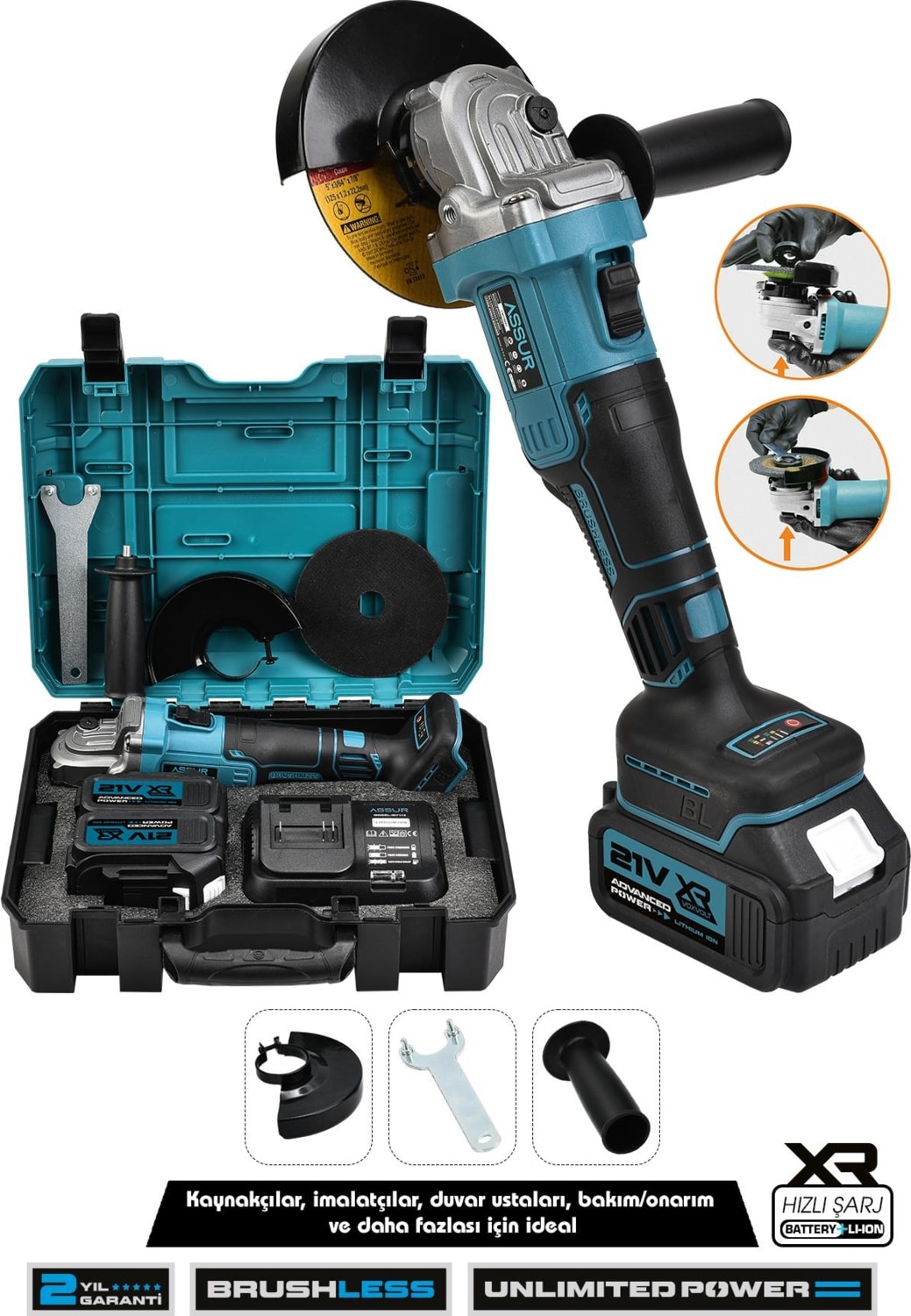 21V Çift Akülü 125mm Kömürsüz Şarjlı Taşlama