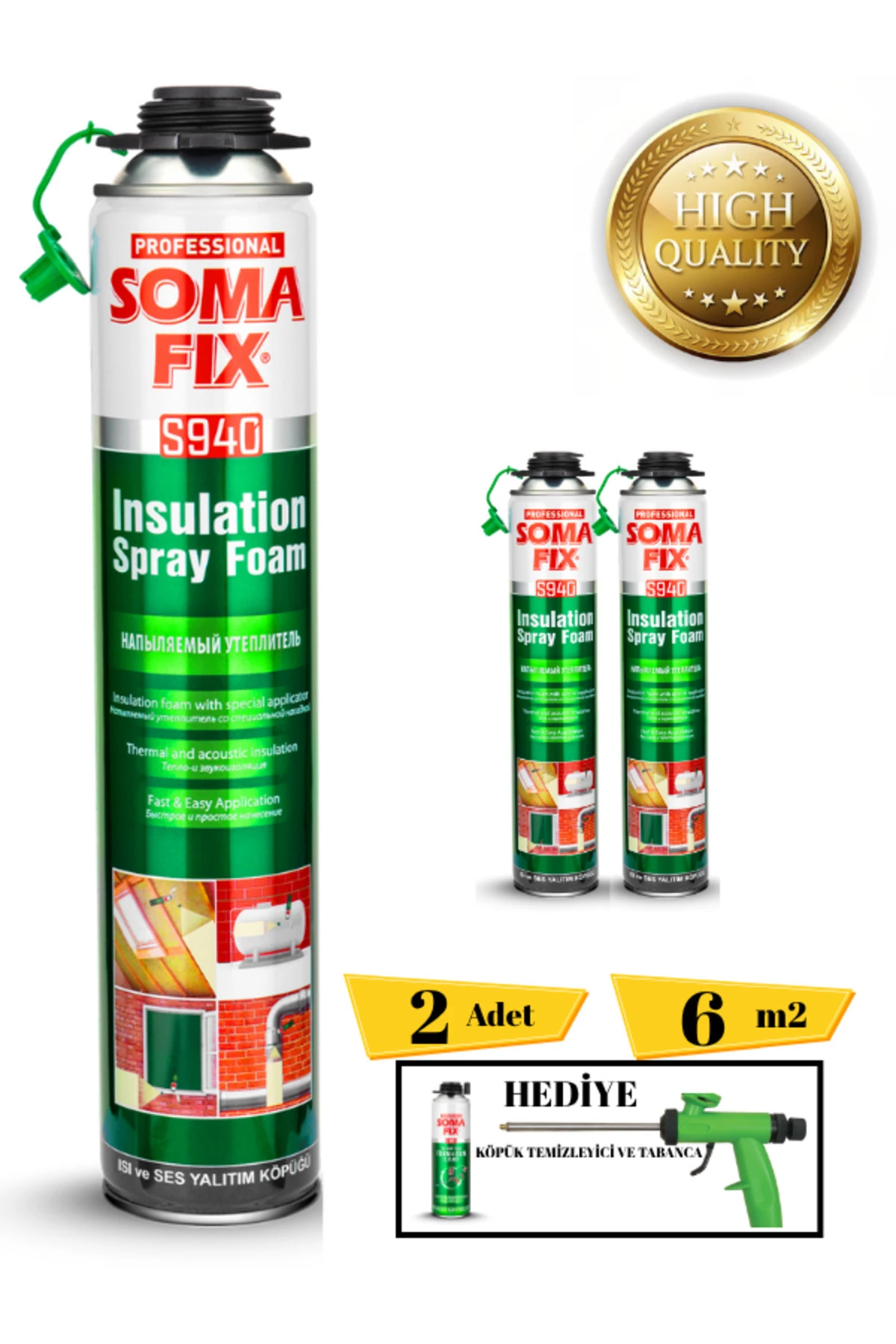 Poliüretan Termal Isı Ve Ses Yalıtım Sprey Köpük (2 ADET) Tabanca Ve Temizleyici Hediyeli