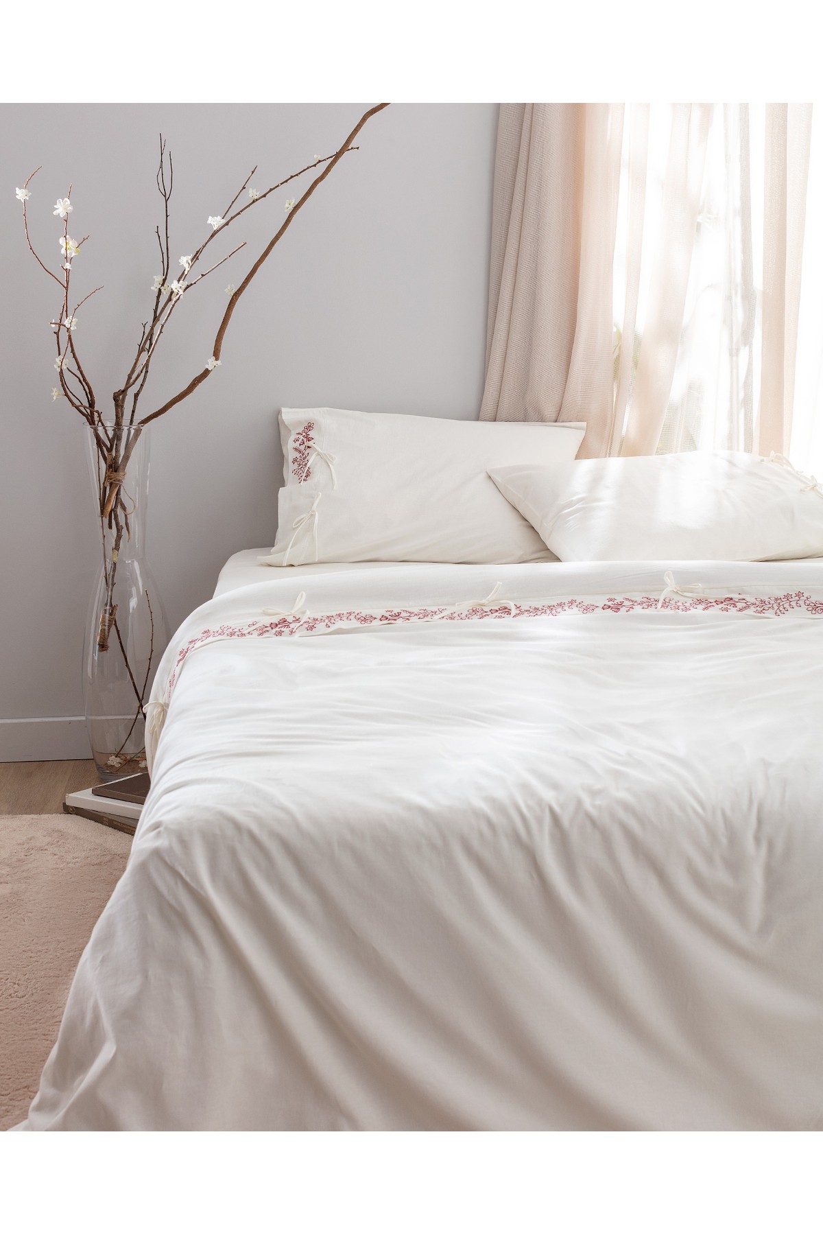 Relief King Size %100 Pamuk Bağlamalı Nevresim Takımı - Ekru/Kırmızı