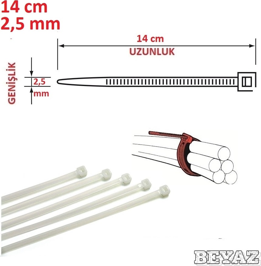 14CM x 2,5mm Plastik Cırt Kelepçe (Kablo Bağı) Saydam-Beyaz