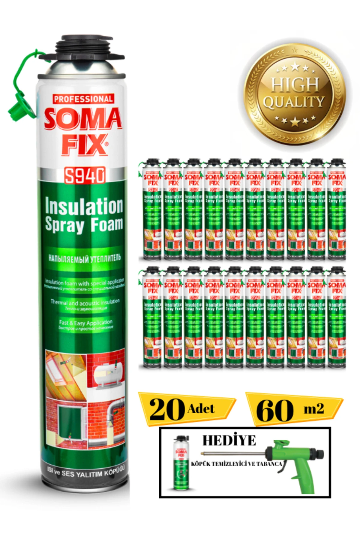 Poliüretan Termal Isı Ve Ses Yalıtım Sprey Köpük (20 ADET) Tabanca Ve Temizleyici Hediyeli
