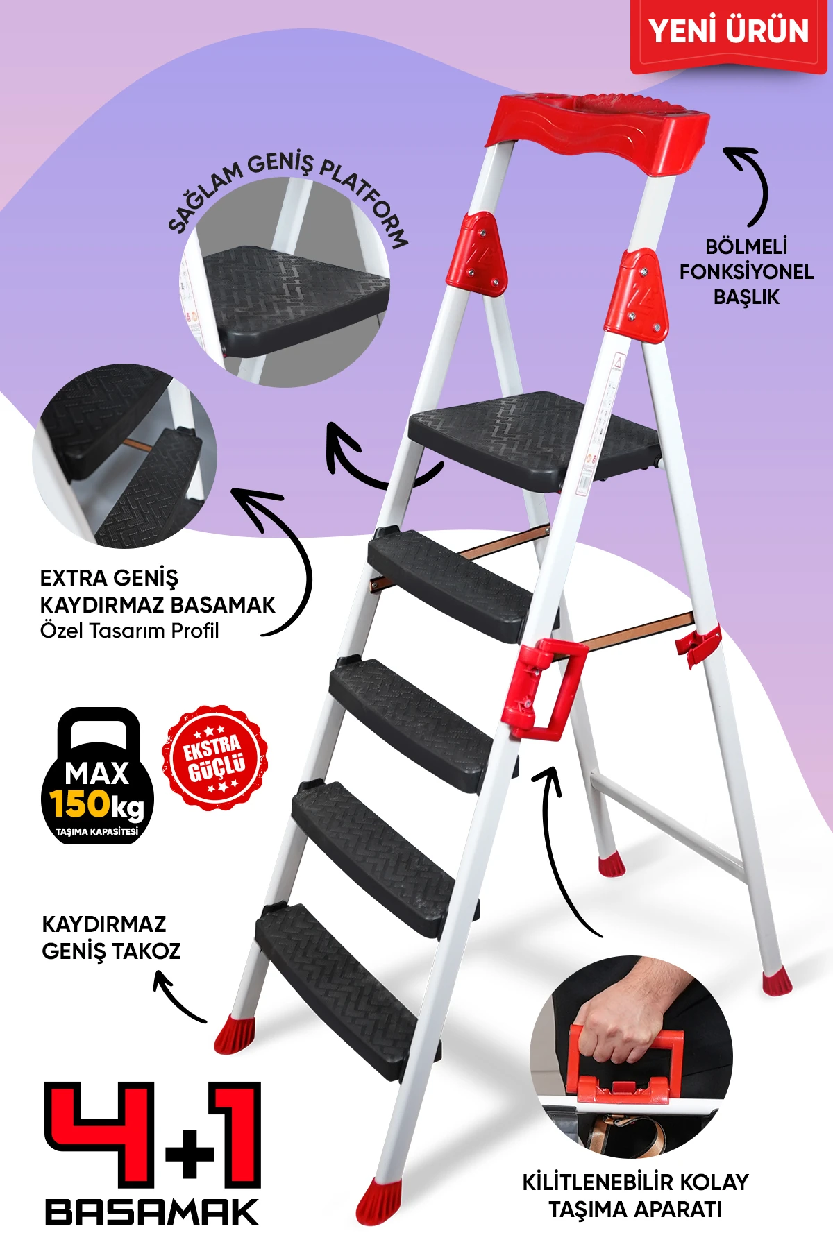 Elegance 4 1 Geniş Basamaklı Kolay Taşıma Aparatlı Merdiven