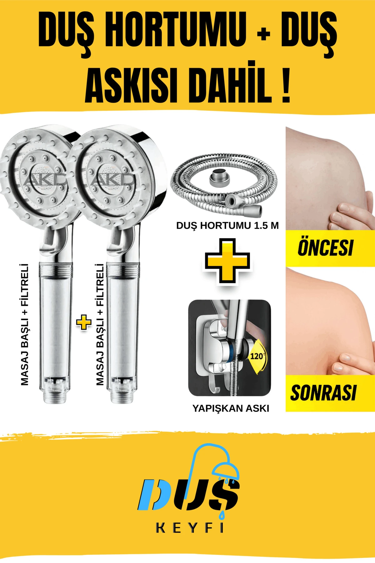 2'li Masajlı Filtreli Duş Başlığı Seti + 1.5m Spiral Hortum + Yapışkan Duş Askısı – Su Tasarruflu