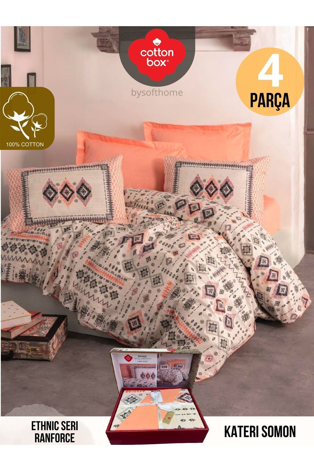 KATERI SOMON ETHNIC SERI Ranforce Çift Kişilik Nevresim Takımı %100 Pamuk