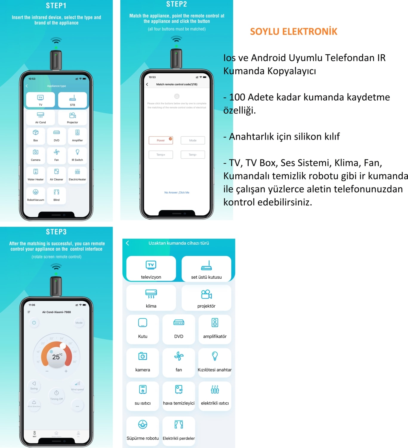 Akıllı Telefon İr Kumanda - Kopyalayıcı Adaptörü İos Android Klima Tv Kamera Ses Sistemi Kumandası