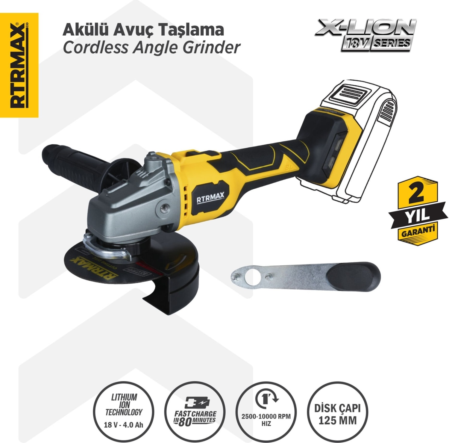 RTRMAX RTX3060B Şarjlı Avuç Taşlama Makinası Kömürsüz 125 mm - Akü Hariç