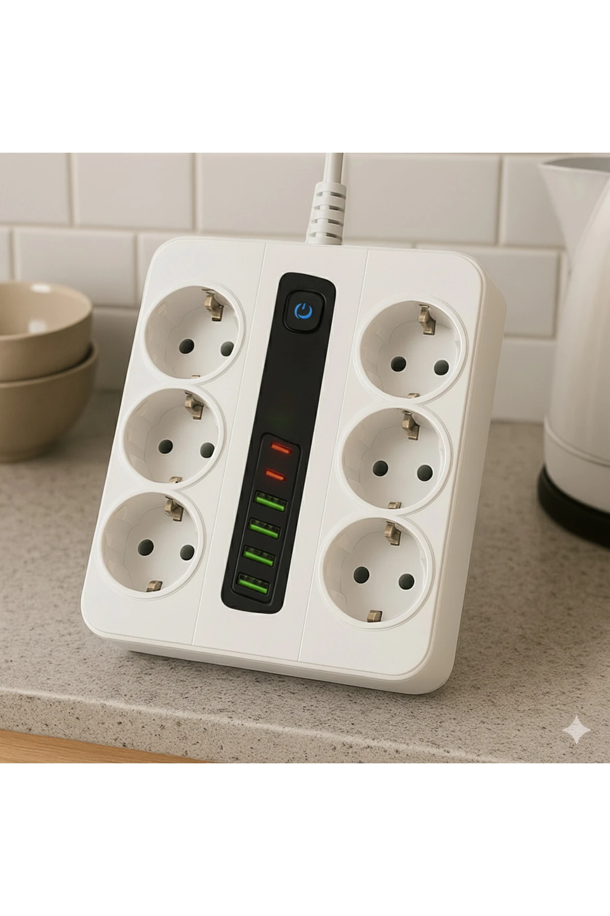 6 Prizli Akıllı Uzatma Kablosu – 4 USB-A + 2 Type-C Hızlı Şarj Çıkışlı Akım Korumalı , 2 Metre Kablo