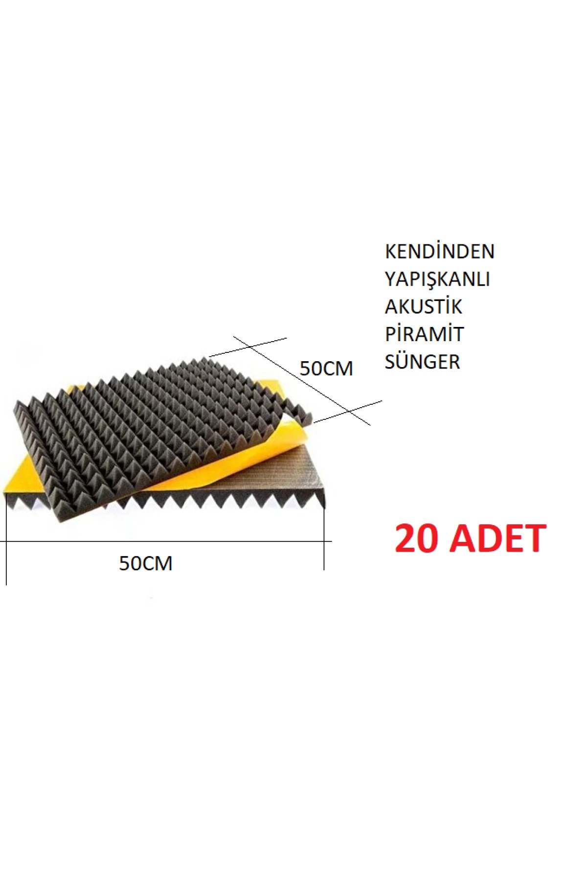 Yapışkanlı Akustik Yanmaz Piramit Sünger 40mm 60 Dns Ebat 50x50 ( 20 Adet )