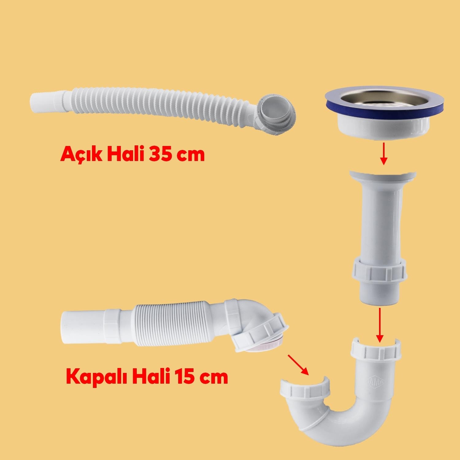 Süzgeçli Geniş Kafalı Körüklü Işyeri Yemekhane Evye Sifonu Gider Borusu S Tipi Akordiyon Plastik 15-35 cm