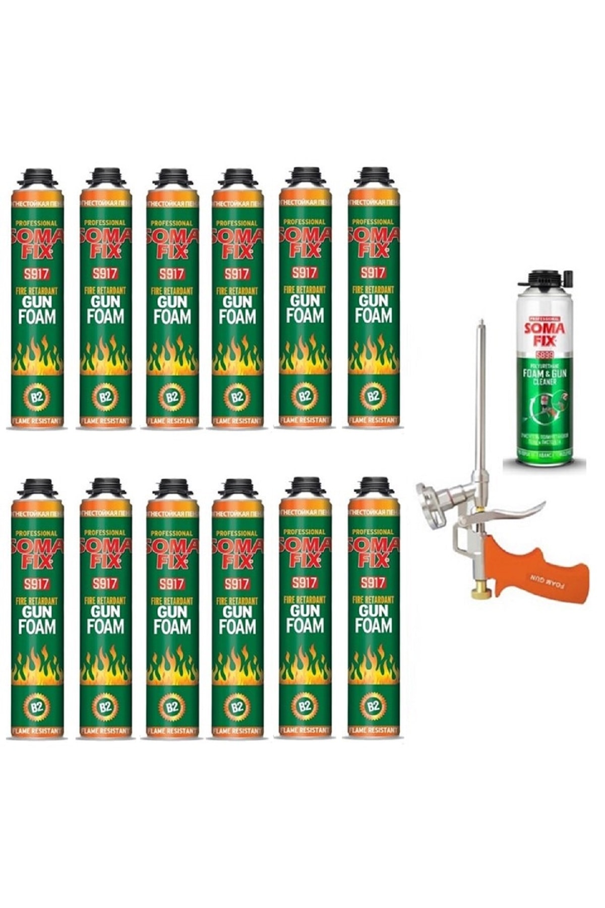12 Adet 750 Ml Tabancalı B2 Yangına Dayanıklı Poliüretan Köpük Tabancası Ve Temizleyicisi Seti