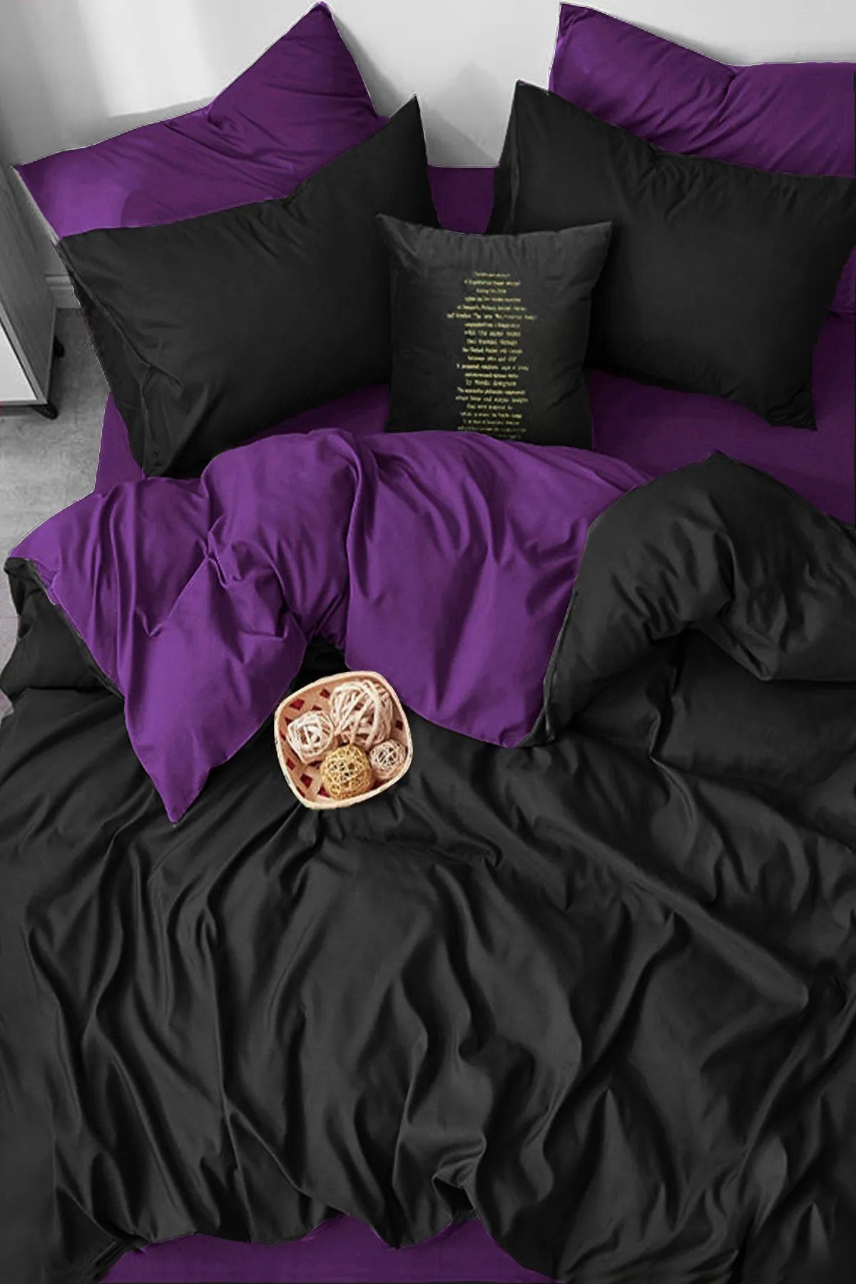 Lastikli Çarşaflı Nevresim Takımı Çift Kişilik Mor-Siyah BlackPurple