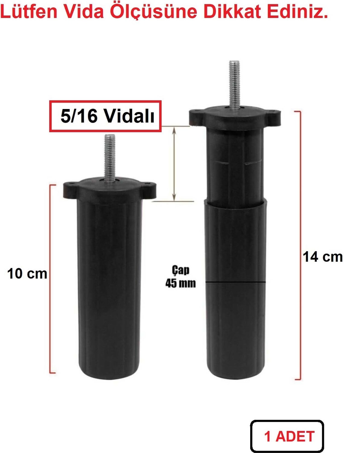 Orta Plastik Mobilya Koltuk Kanepe Ayağı Tek Adet Siyah 10 - 14 cm 5/16 Vida (Vida Ölçüsüne Dikkat)