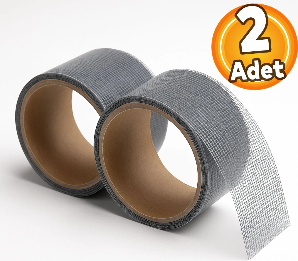 48 mm x 2 Metre (2 Adet) Yapışkanlı Sineklik Tülü Tamir Bandı Yaması Bantı Kopmuş Delik Fiber Tül Yapıştırma Gri