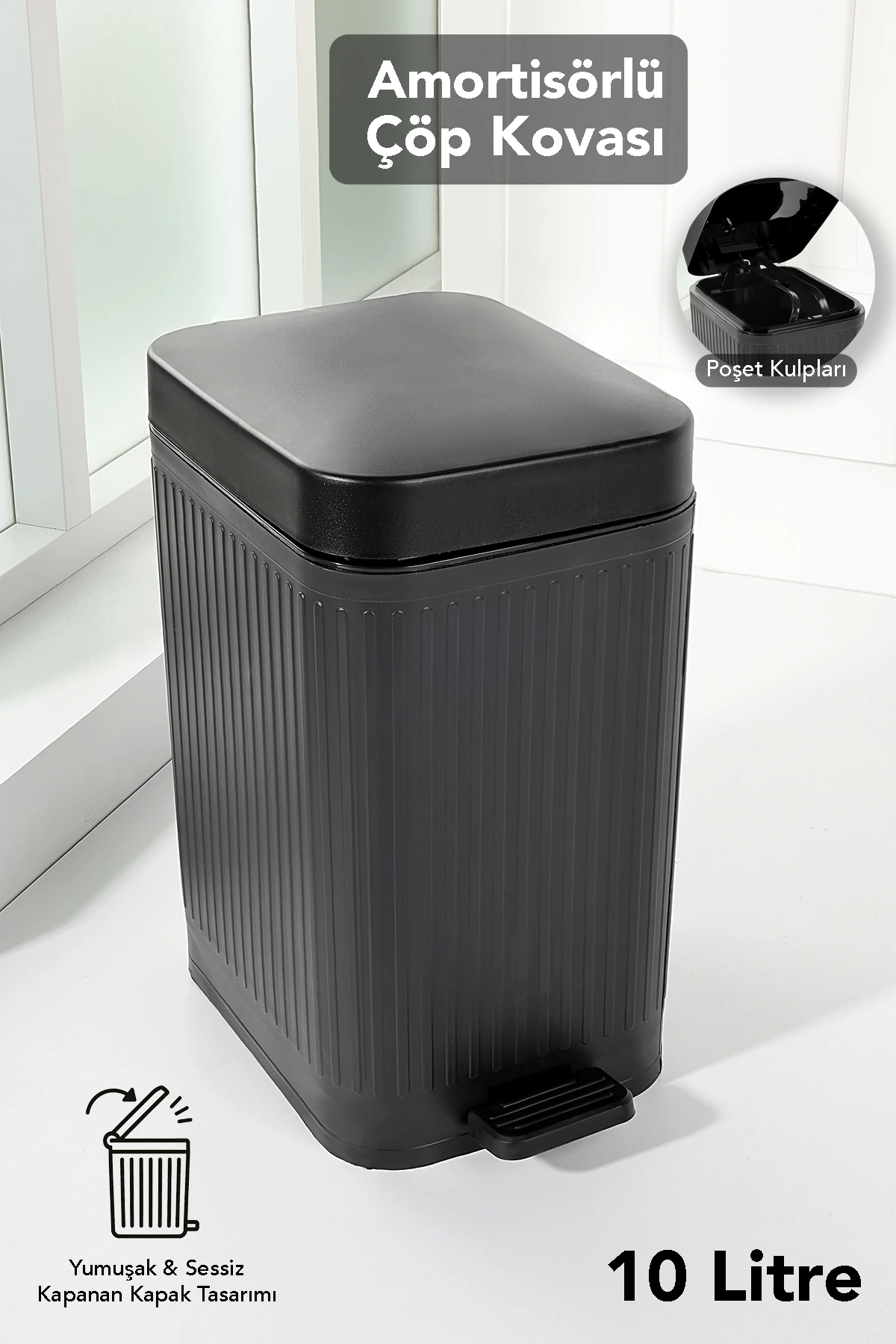 10 Lt Pedallı Sessiz Çöp Kovası - Yavaş Kapanır Amortisörlü Kapak Banyo Mutfak Çöp Kovası Siyah