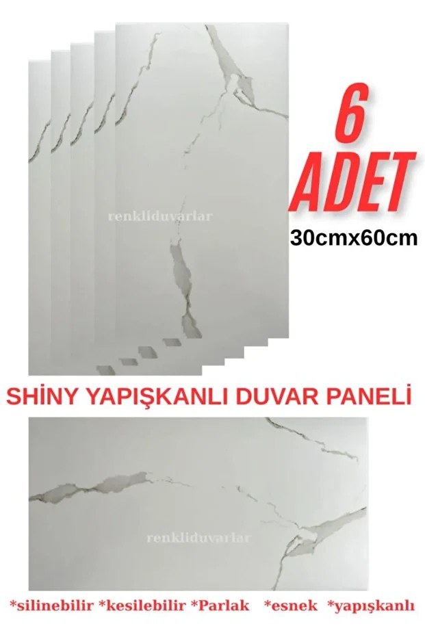 6 Adet 60cmx30cm Beyaz Mermer Desen Yapışkanlı Karavan Banyo Wc Duvar Kaplama Paneli BS1763