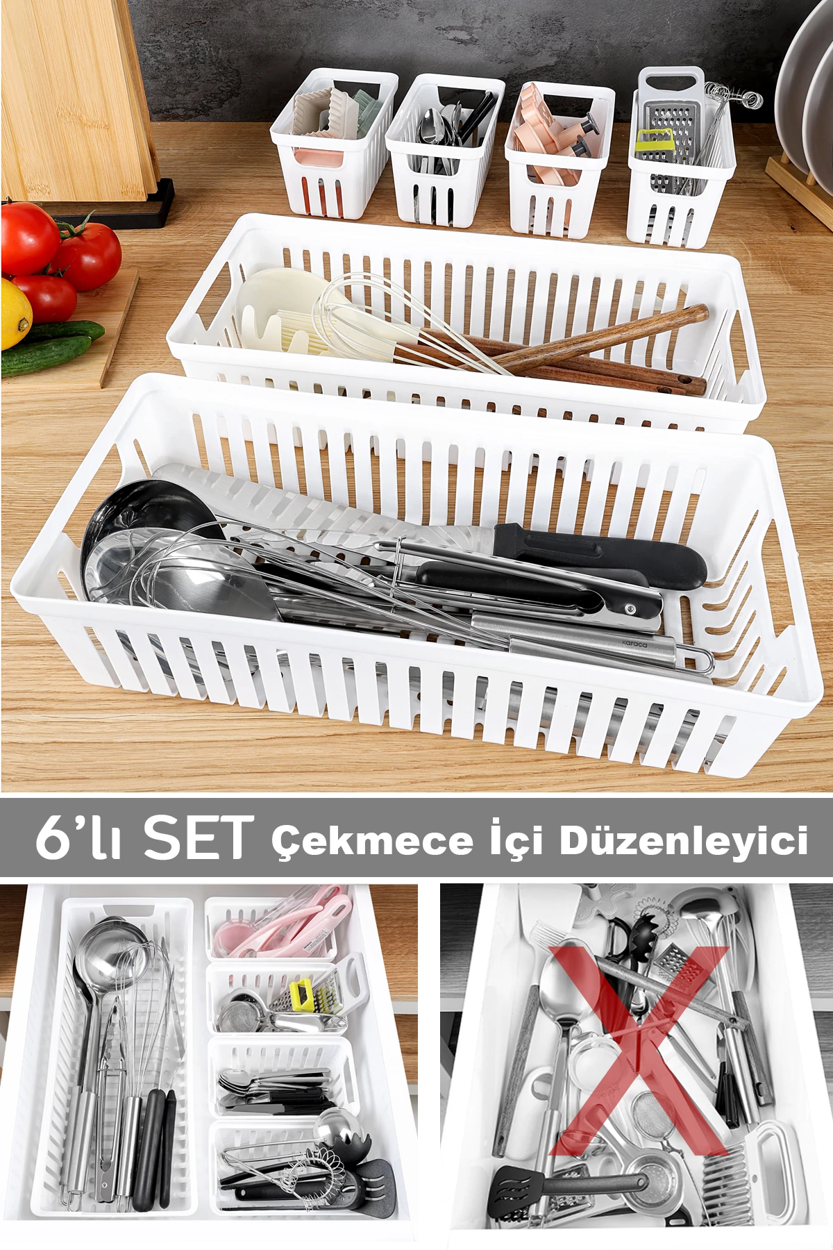 6 Parça Modüler Çekmece İçi Organizer Set - Banyo Mutfak Makyaj Aksesuar Ofis Düzenleyici Beyaz