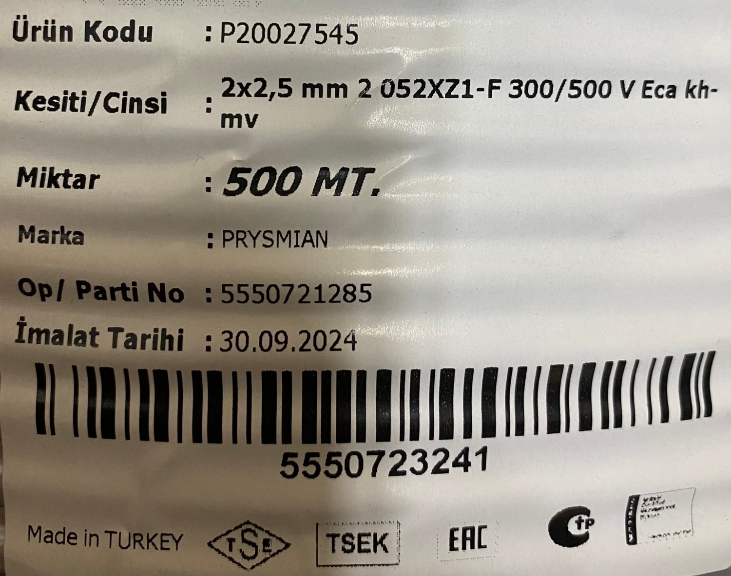 Prysmıan 20027545 2x2,5 mm 2 052XZ1-F 300/500 V Eca 500MT