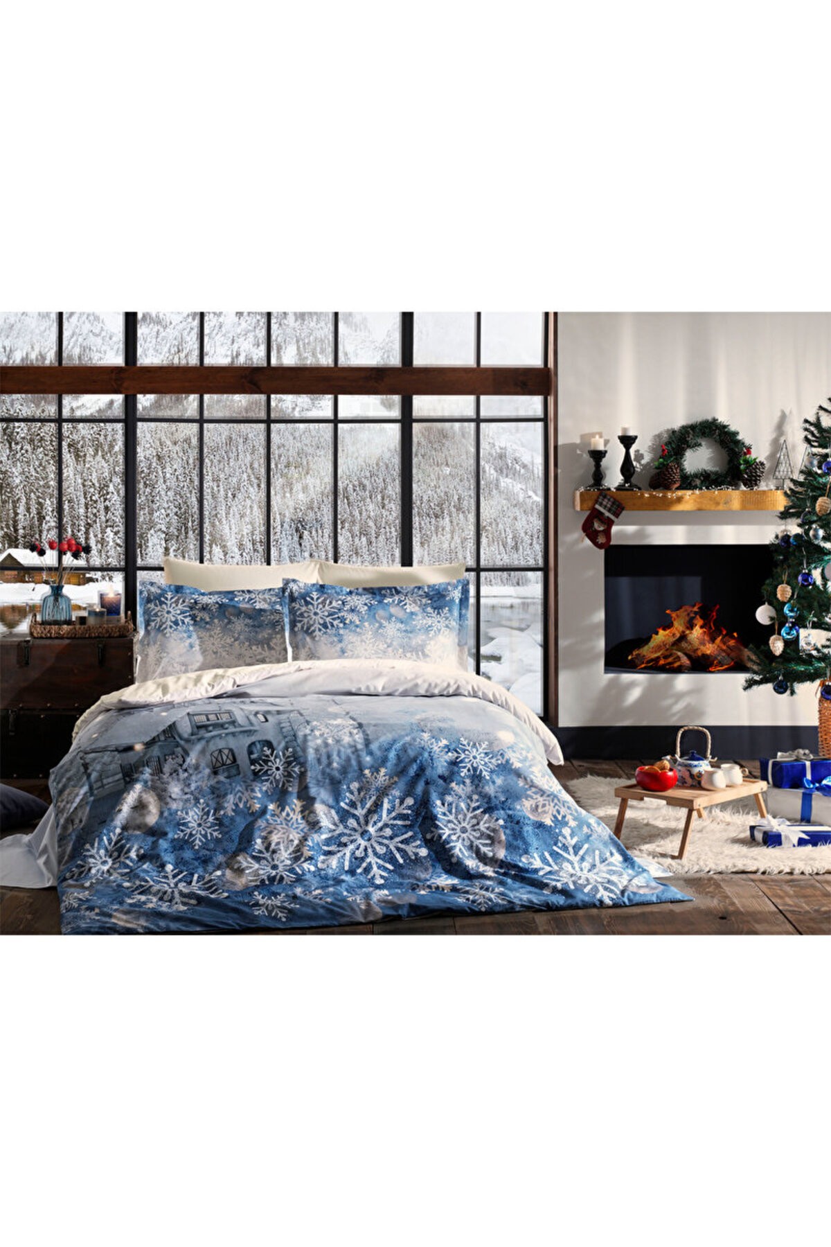 Snowflake Mavi Çift Kişilik Nevresim Takımı 4 Yastıklı Yılbaşı Nevresim New Year