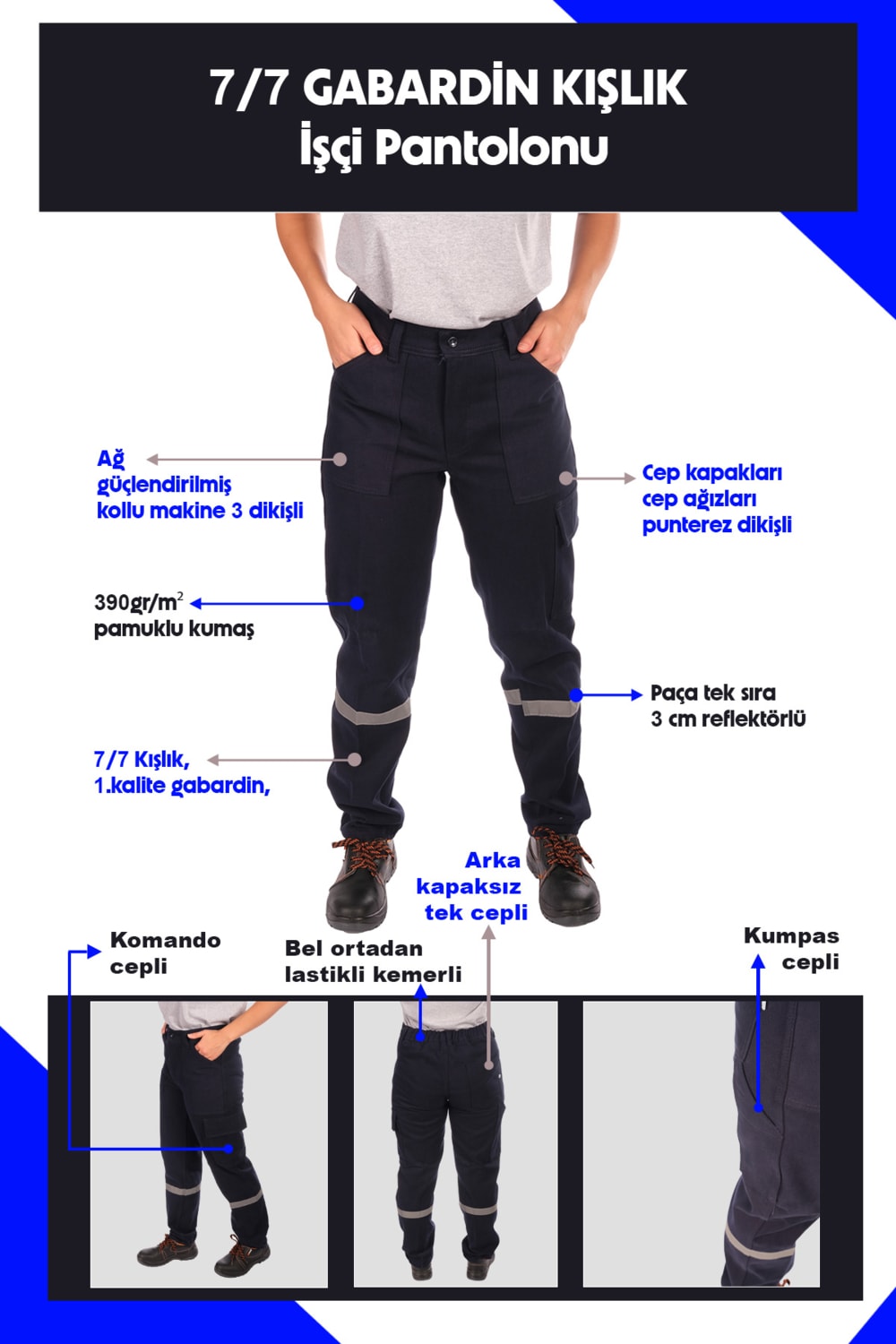 7/7 Gabardin Kışlık İşçi Pantolonu Tek Reflektörlü Kalın İş Pantolonu