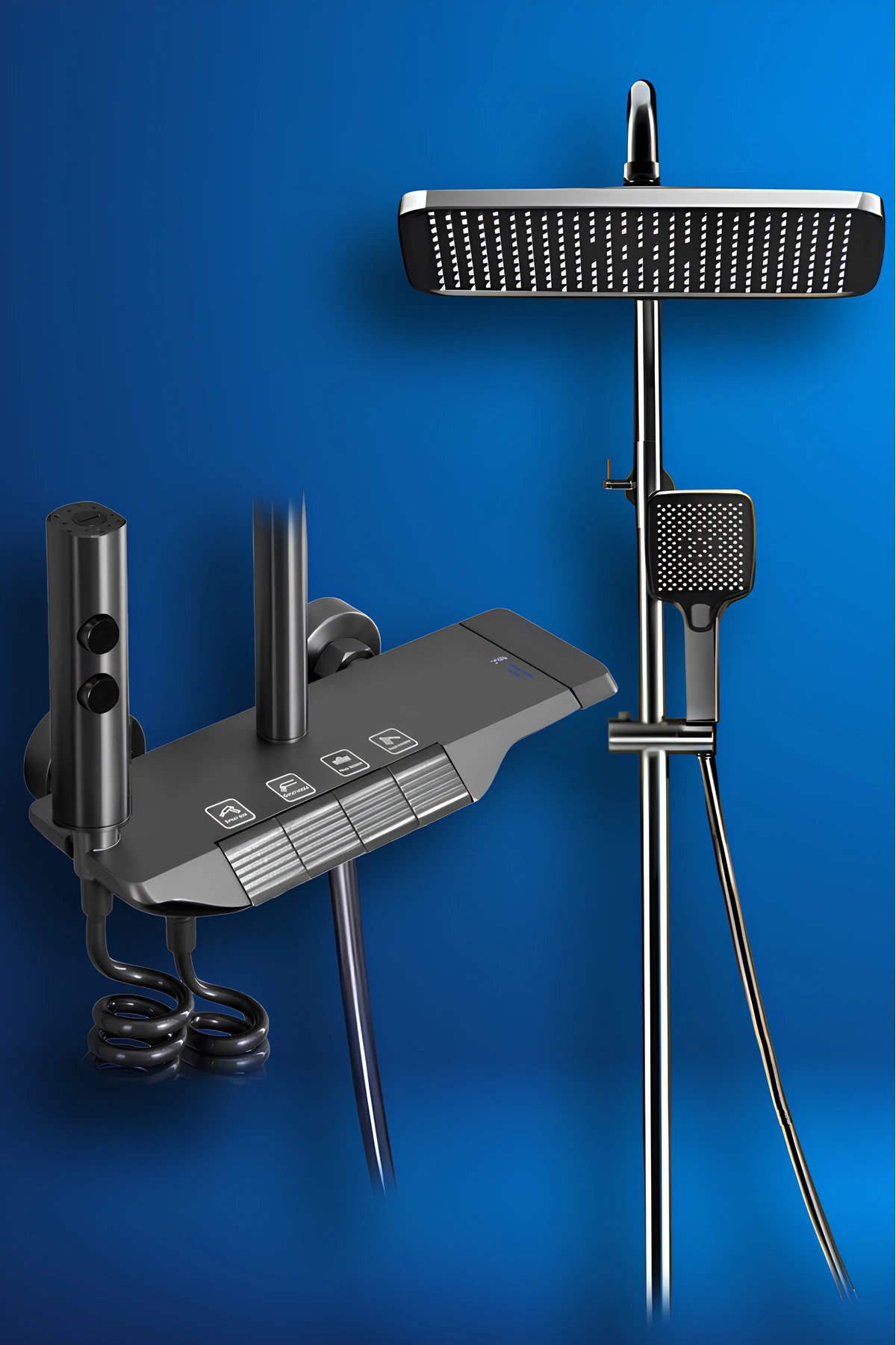 Piyano 5 Fonksiyonlu Siyah Robot Duş Seti - Piano Tepe Yağmur Duşu ve Banyo Bataryası