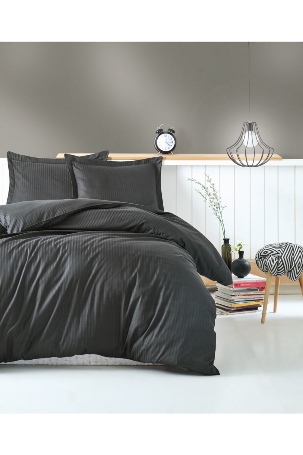 Elegant Series Saten Nevresim Takımı Çift Kişilik Stripe-antrasit