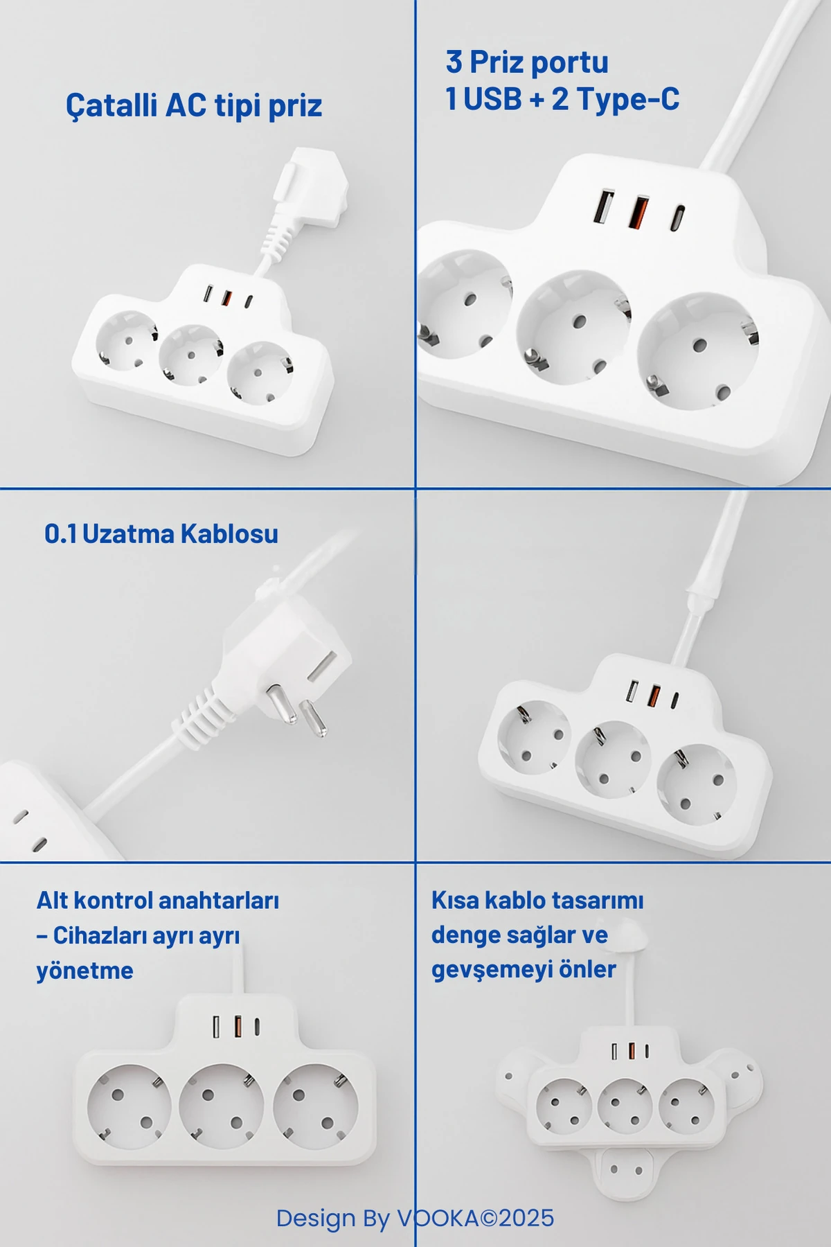 Akıllı Priz Termal Korumalı 3 Prizli Çoklu Akım Prizi | 1 USB-A + 2 USB-C 3 Socket 3680W 16A