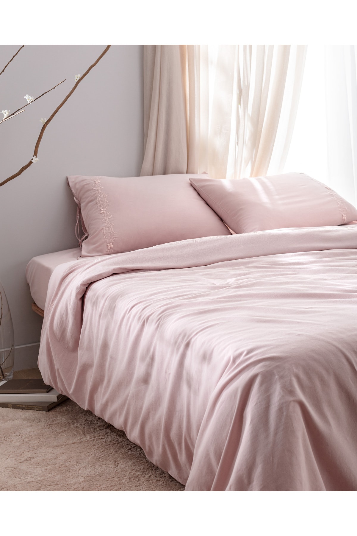King Size %100 Pamuk Nakışlı Nevresim Takımı - Pudra