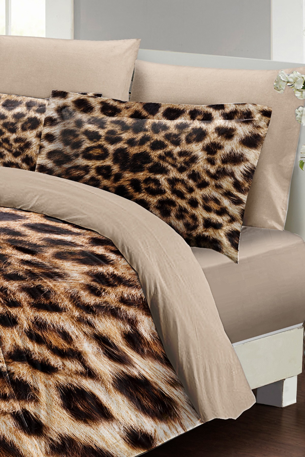 Kıng Sıze %100 Pamuk Saten Çift Kişilik Nevresim Takımı Leopard Feather 220x240cm